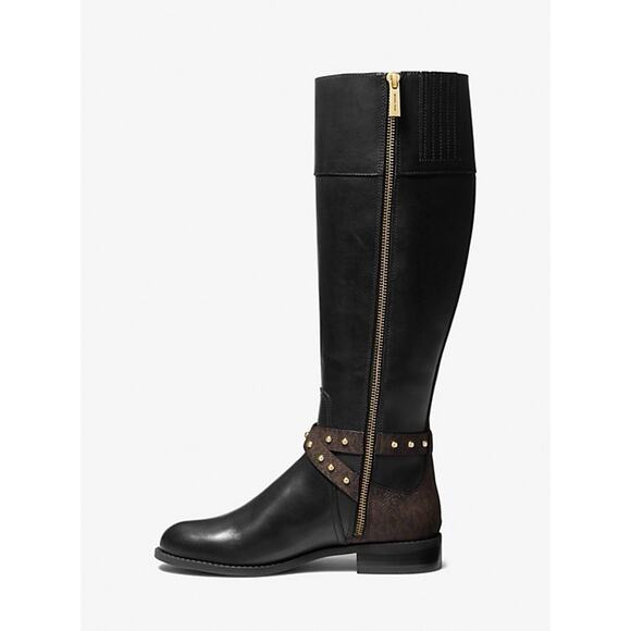 MICHAEL KORS KINCAID LEATHER RIDING BOOTS W LOGO STUDDED STRAPS SZ 7 $375 MSRP - Picture 3 of 6